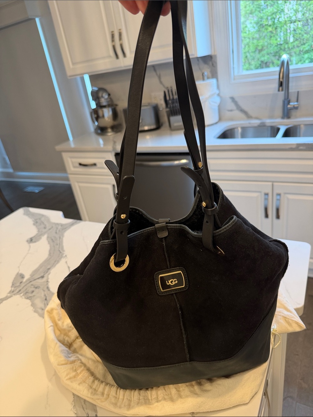 UGG Black Suede & Leather Shoulder Tote with Gold Accents